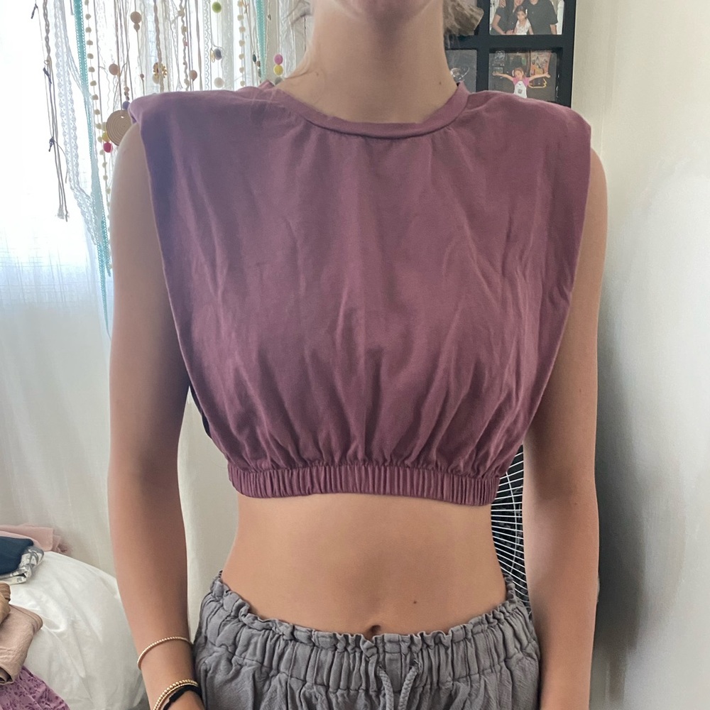 Zara Cropped Padded Shoulder Pink/ Purple Top